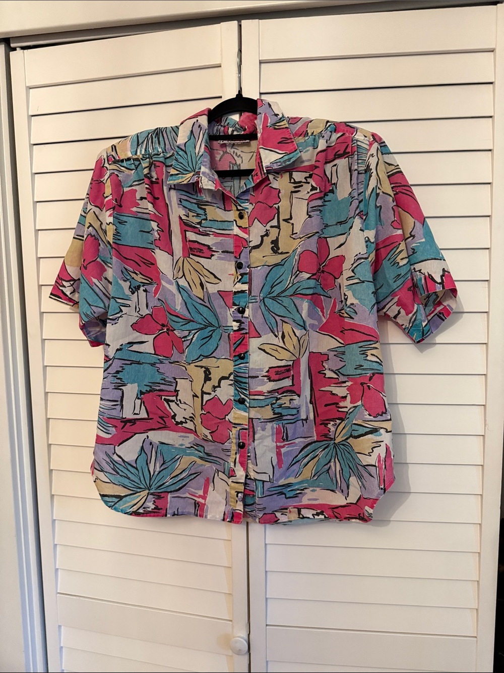CABRAIS women's shoulder padded Tropical Print Short-Sleeve Shirt - Pink & Teal